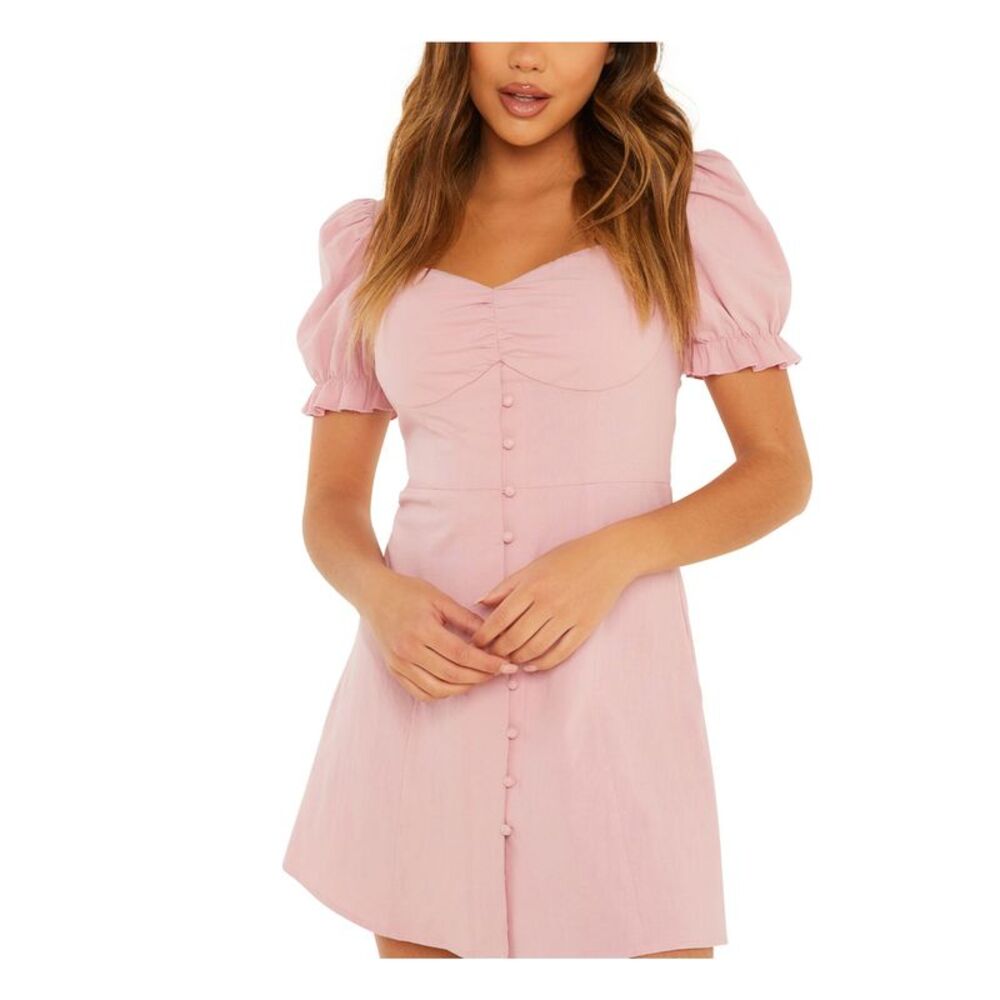 QUIZ Womens Pink Button Front Pouf Sleeve Short Fit + Flare Dress 10
